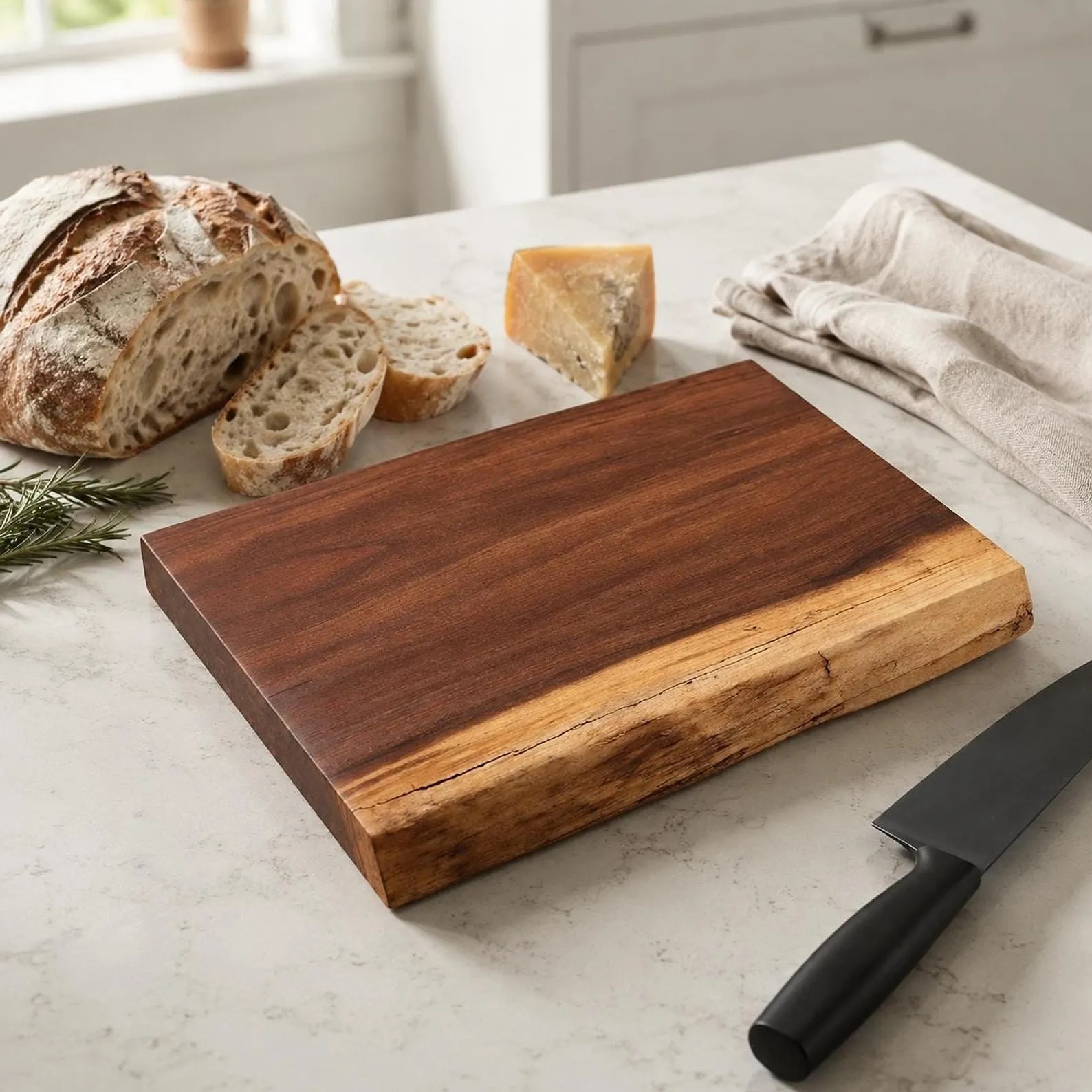 Live edge walnut cutting board styled with bread and cheese