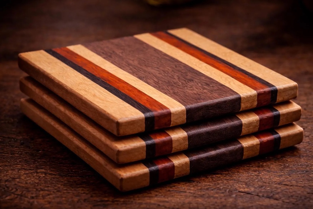 Beer glass on an exotic hardwood coaster at a bar