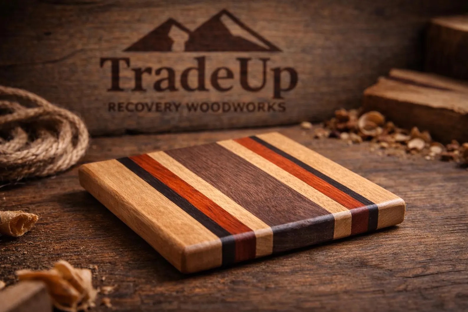 Stack of exotic hardwood coasters on the bench