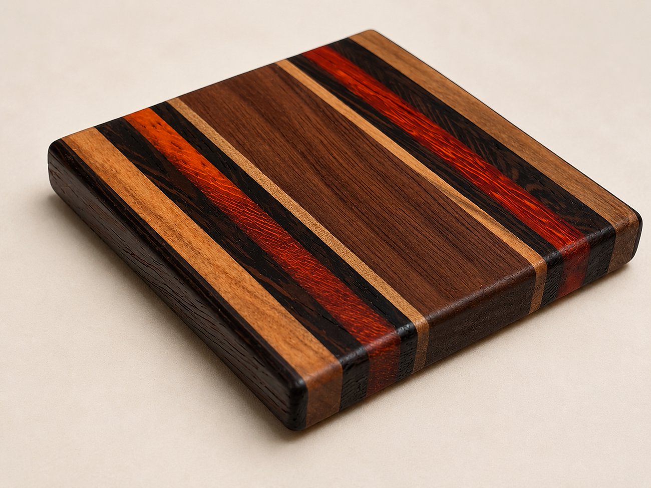 Exotic hardwood coaster, three-quarter view