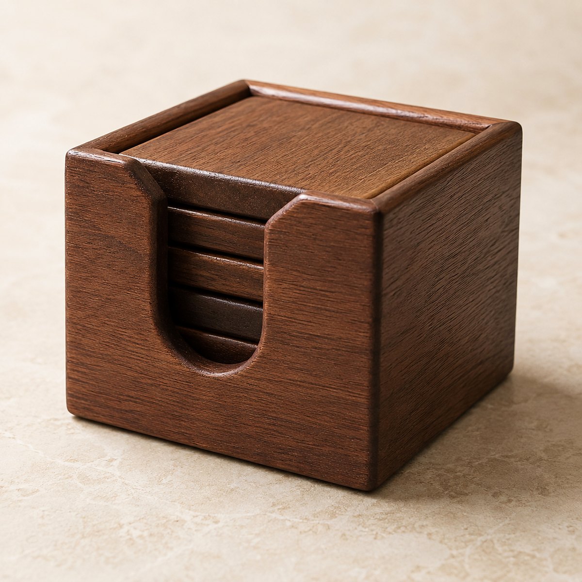 Walnut coaster holder with the set stacked inside