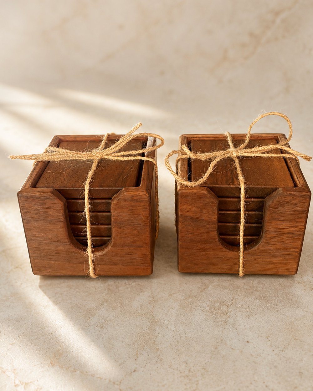Two walnut coaster sets tied with jute twine