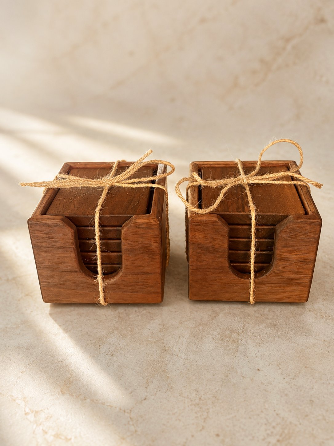 Two coaster sets tied with jute twine