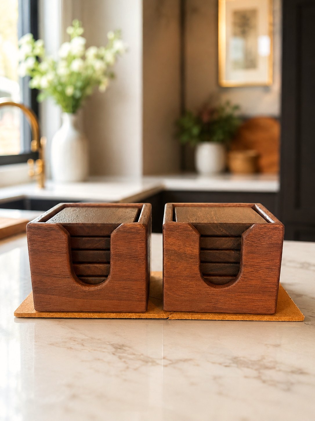 Two walnut coaster sets on a kitchen counter