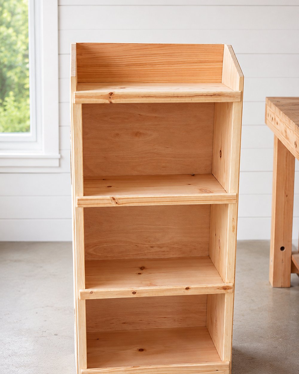 Pine shelving unit, front view in a bright room
