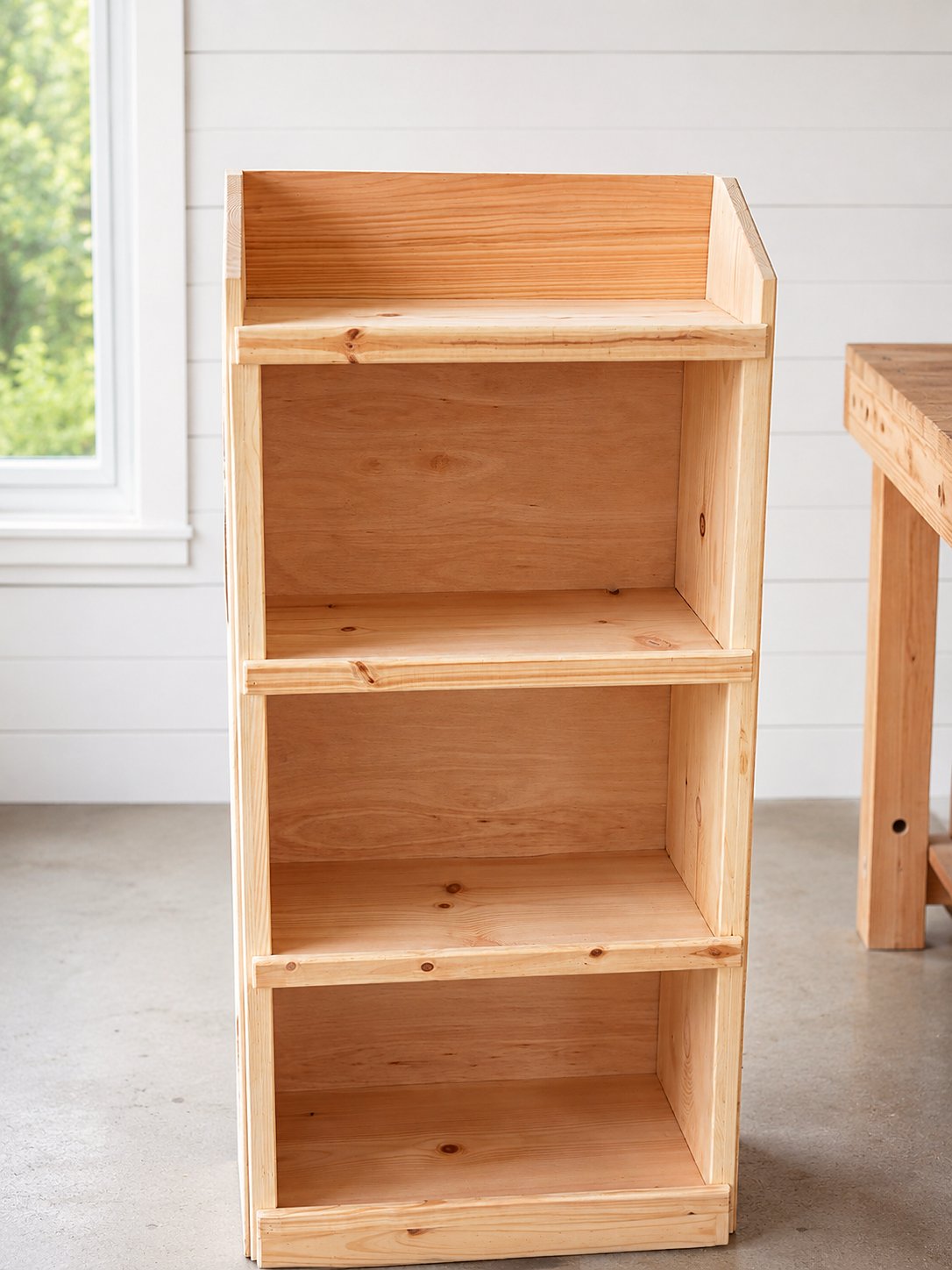 Front view showing the dadoed shelves