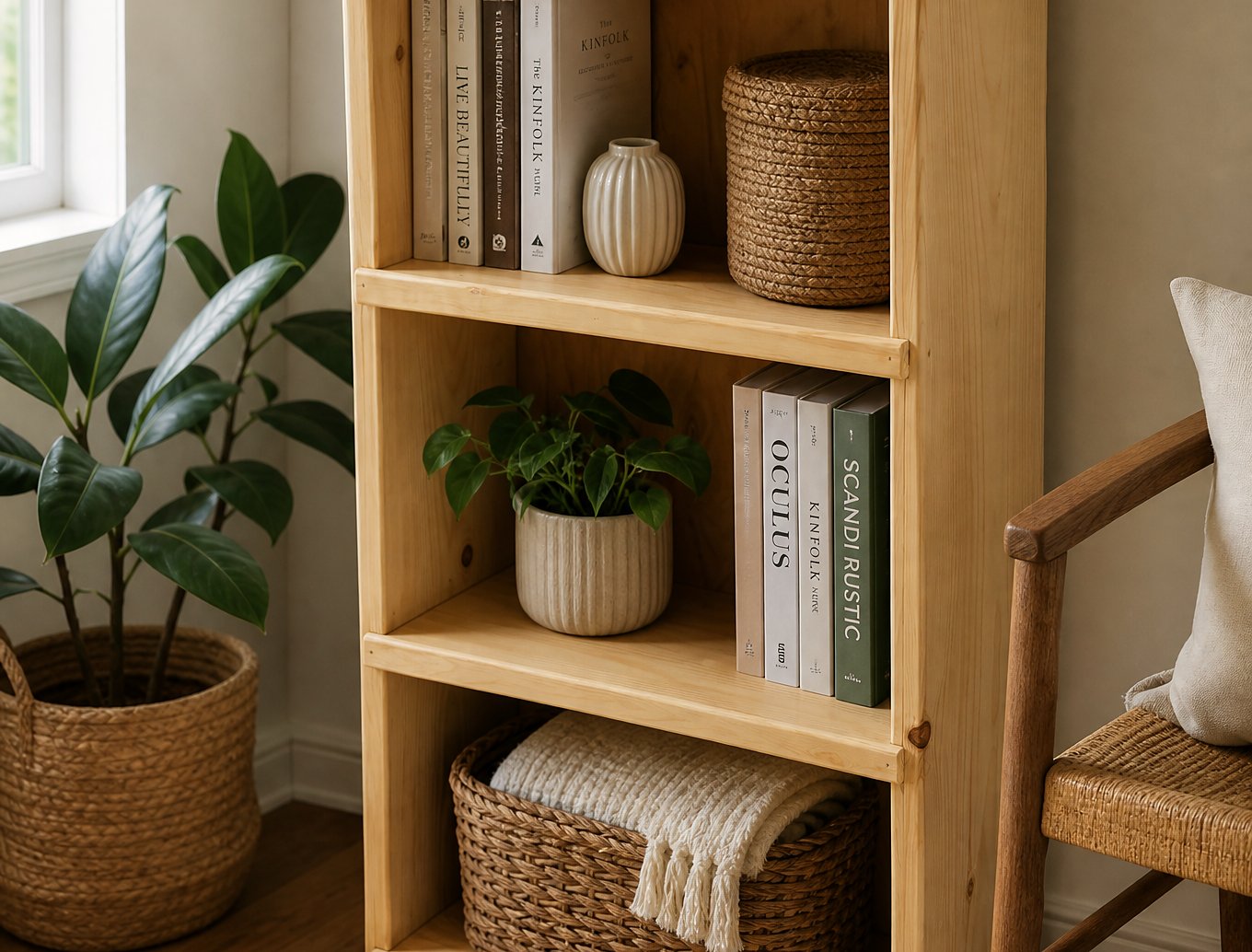 Shelving unit in a corner beside a plant and an armchair