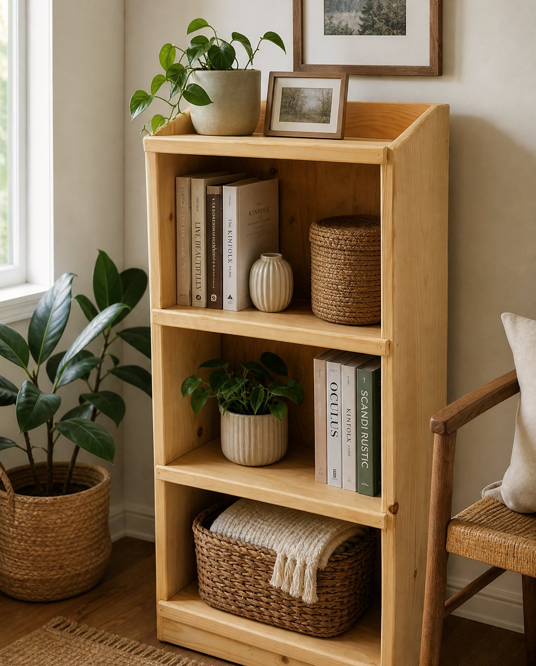Three-bay pine shelving unit styled in a living room
