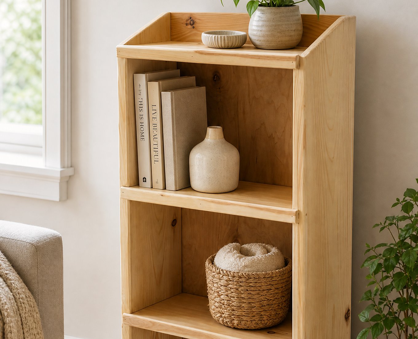 Pine shelving unit holding books and a woven basket