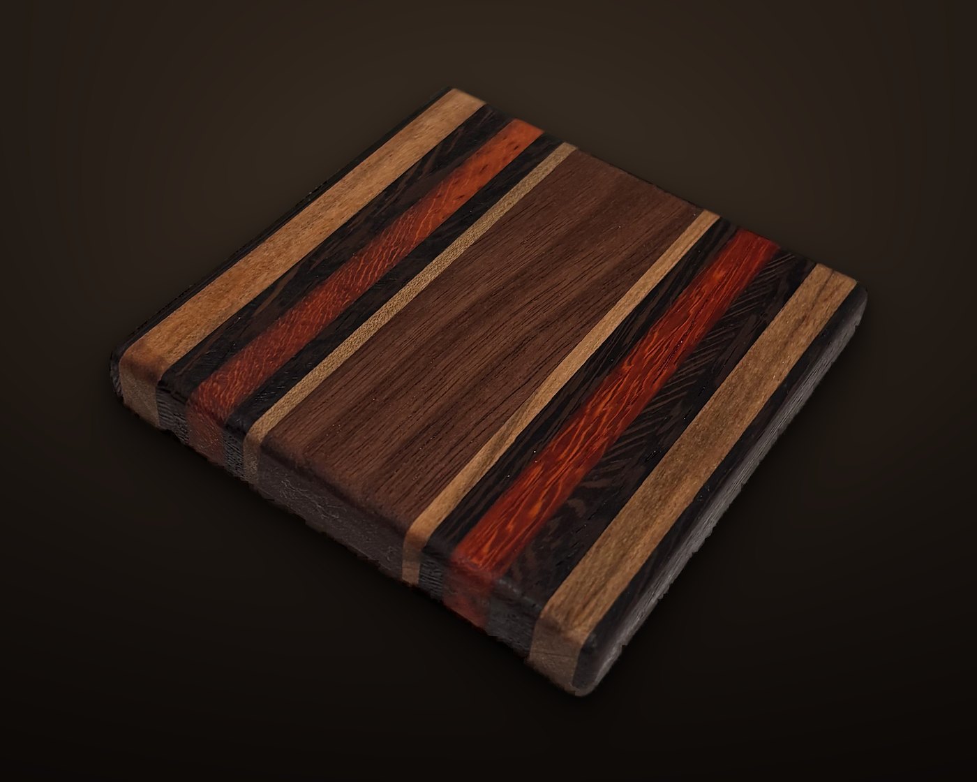 Edge view of an exotic hardwood coaster