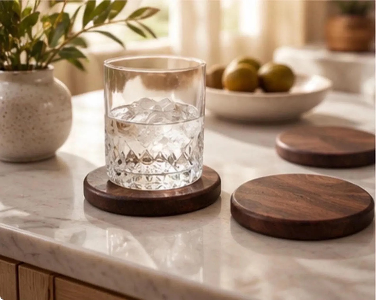 A glass on a walnut coaster on a marble counter