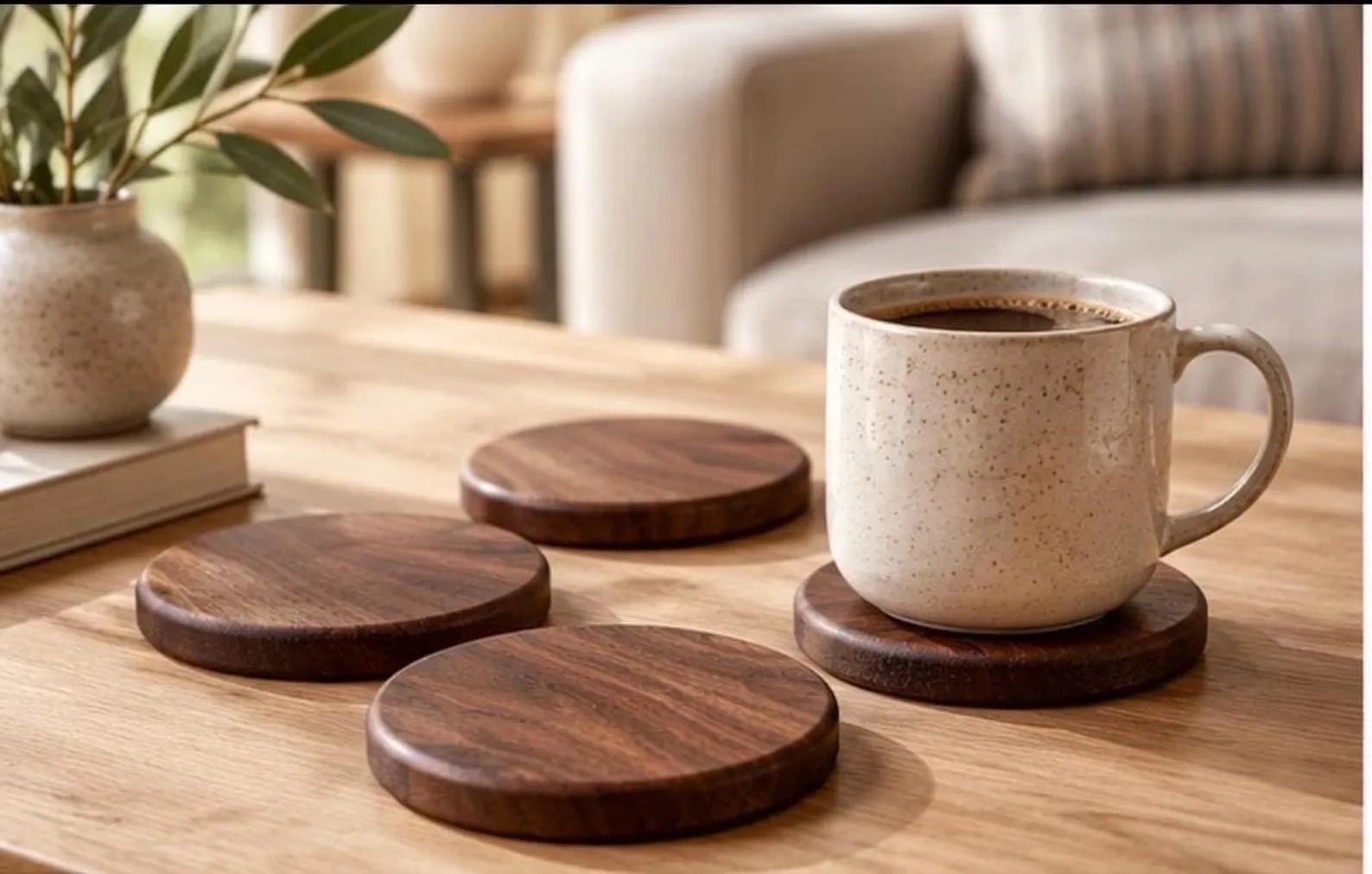 Coffee mug on a walnut coaster with three more beside it