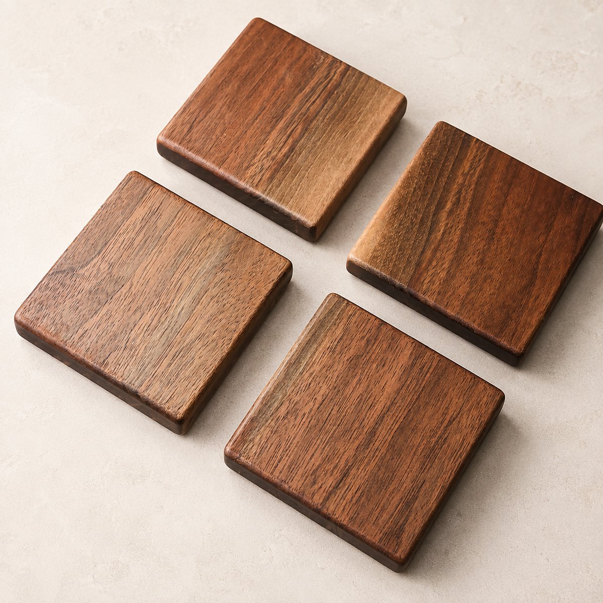 Four solid walnut coasters, overhead
