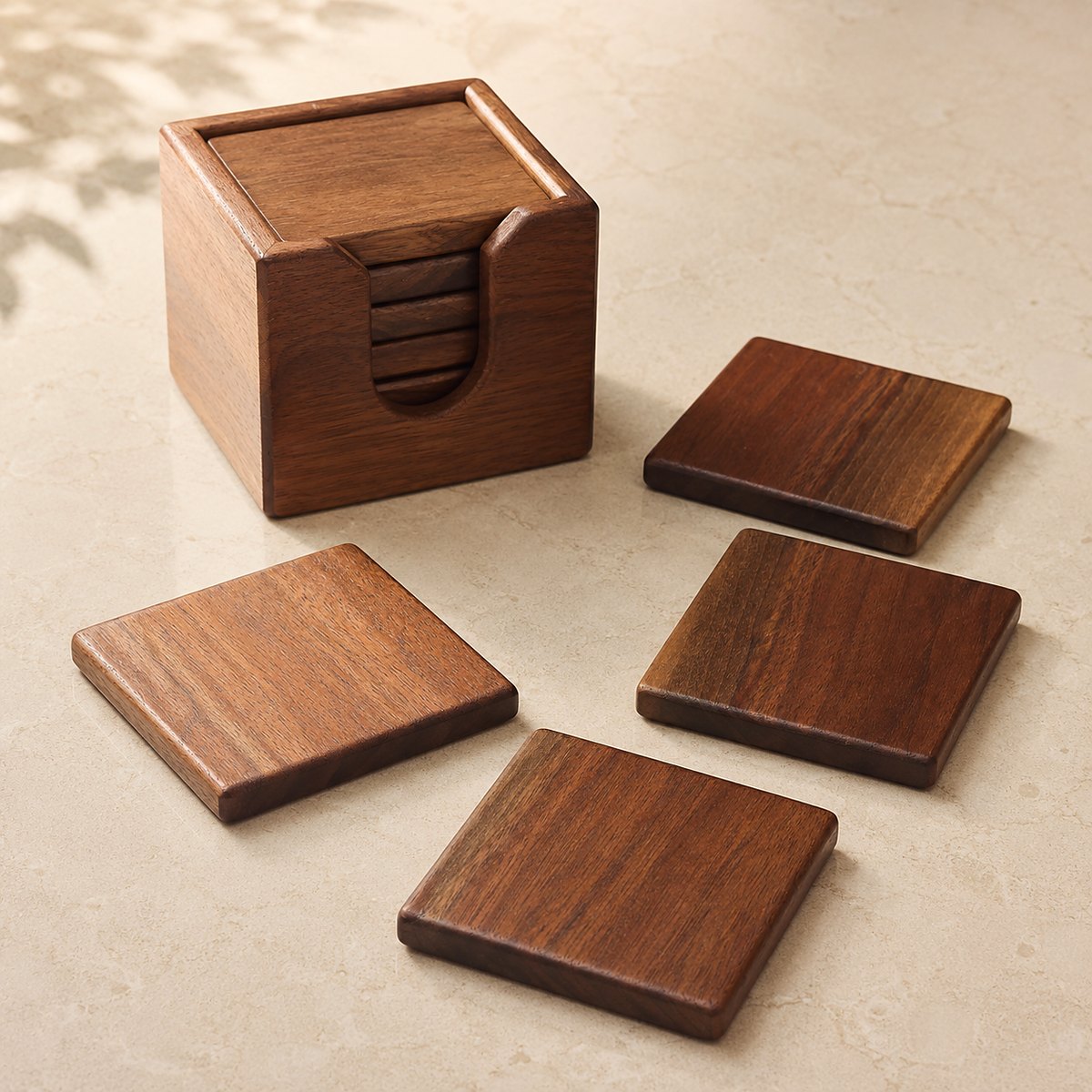 Walnut coaster set with its matching holder